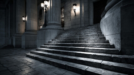 Courthouse stone steps texture scene showing weathered granite surface representing institutional permanence justice system professionalism architectural environment controlled lighting