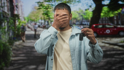 Man holding car keys while covering his mouth with one hand on a city street near a parked red car;...