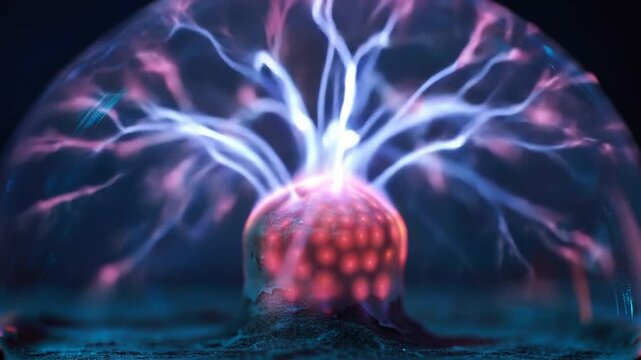 Glowing Plasma ball with vibrant lightnings, science and technology concept.