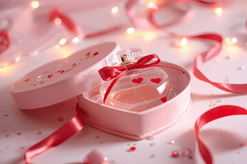 Perfumes and cosmetics. An elegant bottle of women's perfume in a soft pink gift box, decorated with a red ribbon and hearts. A gift for Valentine's Day.