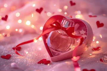 Perfumes and cosmetics. An elegant bottle of women's perfume in a soft pink gift box, decorated with a red ribbon and hearts. A gift for Valentine's Day.