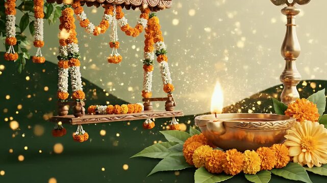 Teej festival devotional wallpaper, Leaf green to ivory gradient with sacred glowing particles and soft divine illumination