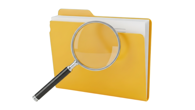 A magnifying glass resting on a yellow file folder, symbolizing search and organization. - Powered by Adobe