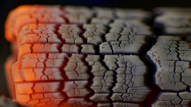 Close-up of burning wood, firewood, embers, hot, charcoaled, fire, flames. Macro.