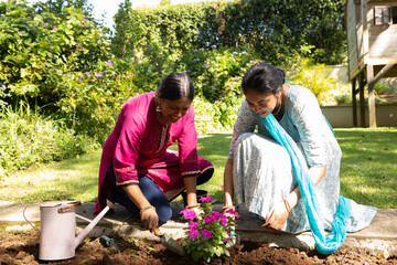 Indian mother with daughter planting bougainvillea in home garden using trowels and watering can © wavebreak3