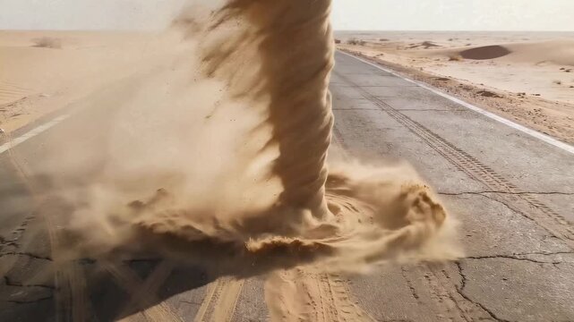 Strong whirlwind of sand spinning and crossing an old cracked asphalt road in a deserted arid landscape, creating a powerful dust devil under the bright sun. Powerful forces of nature in action