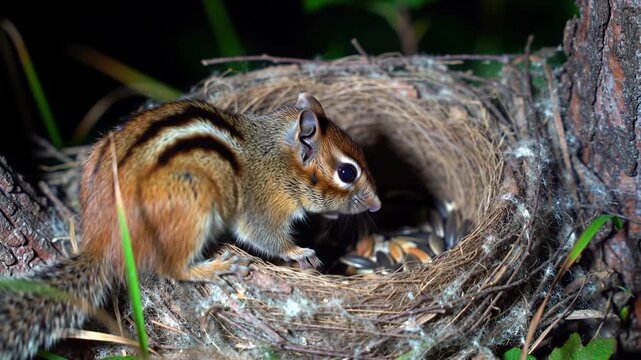 Cute chipmunk eating seeds in bird nest by tree trunk at night. Wildlife scene.