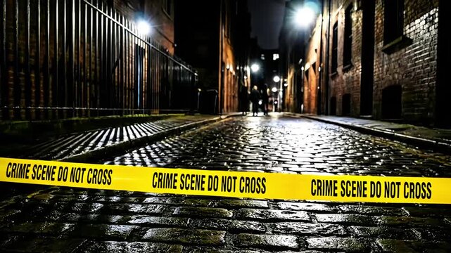Yellow crime scene do not cross tape stretches across a dark, wet, cobblestone alleyway illuminated by distant streetlights in the evening.