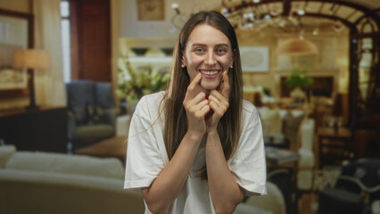 Woman pressing index fingers to cheeks and smiling, long hair visible, seated in a living room with couch and chandelier; playful joy.
