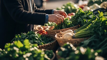Person selecting fresh green vegetables at an outdoor market stall