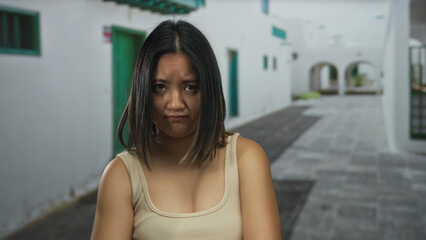 Fototapeta premium Woman expressing discontent in urban street setting with white buildings and green doors on a sunny day outdoors, wearing casual top, surrounded by architectural details.