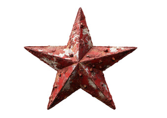 Distressed, weathered red star with white patches on black background