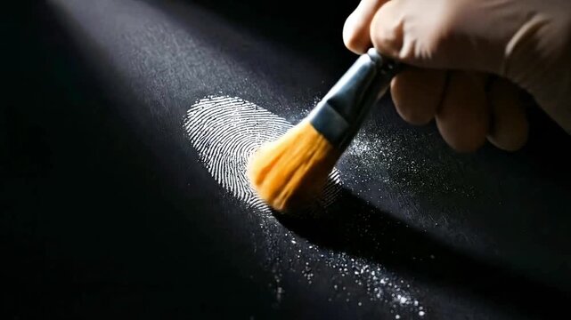 A gloved hand carefully uses a forensic dusting brush to reveal a latent fingerprint impression using white powder on a dark surface for evidence collection.
