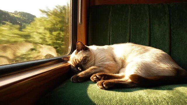 Cute cat is sleeping in train moving along river and green hills 
