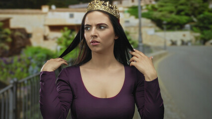 Fototapeta premium Hispanic woman wearing a crown stands thoughtfully on an outdoor street with greenery, showcasing elegance and reflection in a vibrant setting.