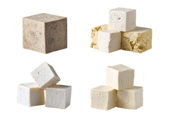 Blocks of tofu vary in color, stacked or alone, against a black background