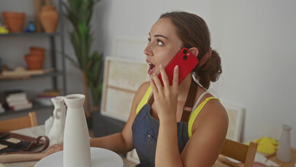 Woman holding red smartphone to ear beside white ceramic vase on table in studio wearing denim...