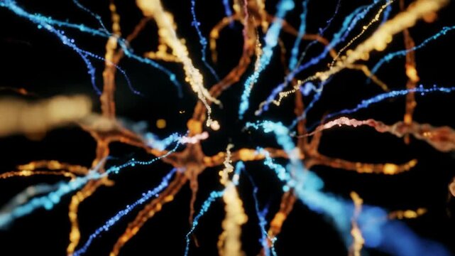 Abstract neuron network, neural connections with science and technology concept. Nerve cell impulse transfer visualization, synapses, brain activity.