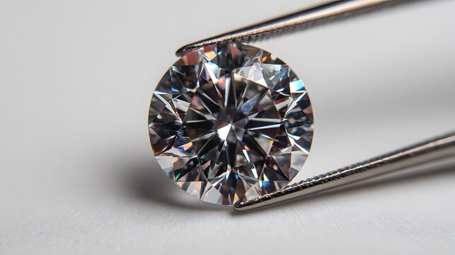 Sparkling round-cut diamond held by metal tweezers shown in macro photography against a pure white background with light refraction.