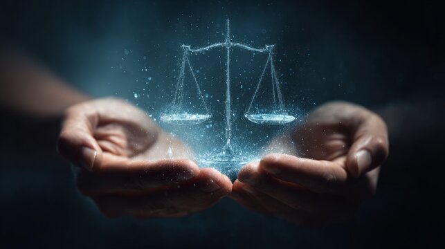 Justice scale protected within human hands concept
