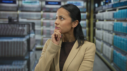 Woman thinking in store aisle, appearing pensive and contemplative, surrounded by blurred shelves, wearing a beige blazer and standing indoors with a focused expression.