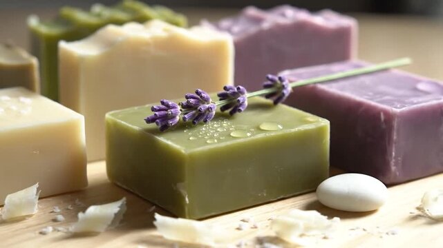 Assorted handmade soaps with lavender sprig and water droplets