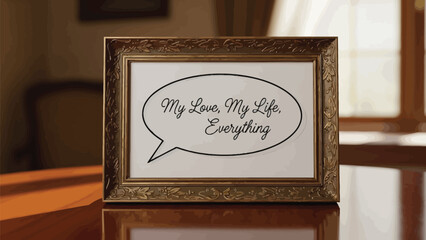 Elegant antique picture frame displaying a heartfelt message of deep romantic affection resting upon a polished wooden surface indoors.
