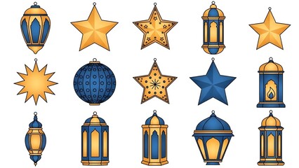 Collection of gold and blue lanterns and stars on white background for ramadan