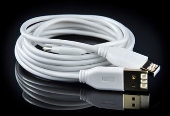 White USB Cable Rolled Up on Black Surface.