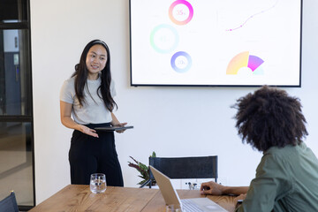 Diverse colleagues presenting data on wall monitor at meeting table with tablet, copy space