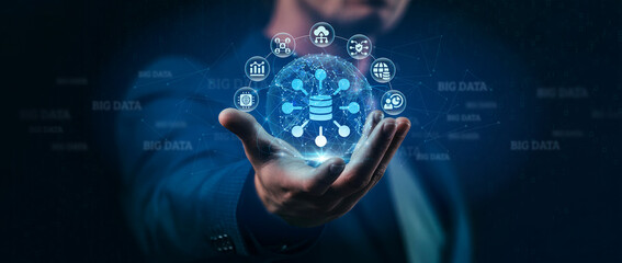 Data Scientist hands holding algorithm Big Data analytics warehousing lakes processing network connections machine learning modeling visualization insights.