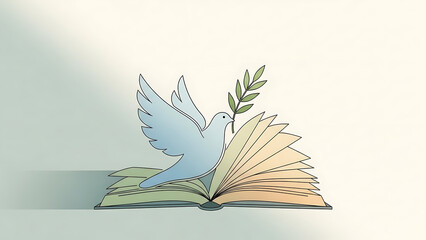 Dove with olive branch perched on open book representing peace and knowledge learning hope