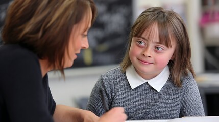 Girl with Down Syndrome works with her teacher at home.