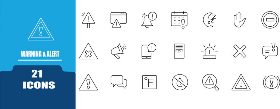 Warning and Alert Web Icon Set in Line Style. related to Including alarm, caution,security notice exclamation, attention, danger, system alert, warning sign, and more. Editable stroke.