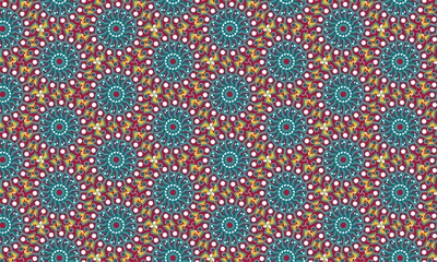 Vibrant colorful pattern with intricate turquoise mandalas and multicolored dots on a red background, creating a lively and playful design