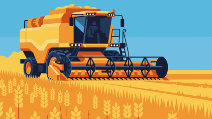 An autonomous harvester works in a golden wheat field. Modern illustration style, vibrant colors, showcasing agricultural technology. Perfect for business and farming themes. © Vector Factory