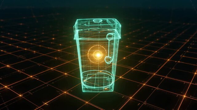 3D holographic rendering of a pitcher with glowing lines and dots on a digital grid background depicting technology and innovation