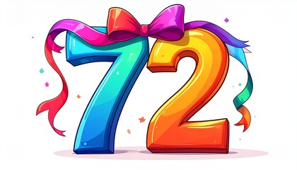 Number 72 wrapped with a festive ribbon on a white background. Image for birthday or anniversary party