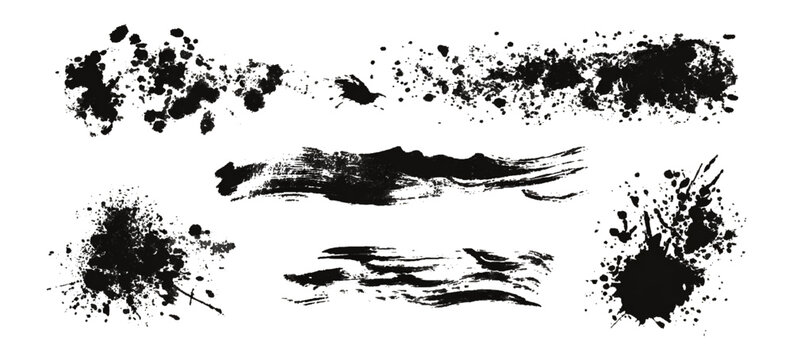 Hand painted black ink grunge brushstroke set background. creative grunge brush strokes splatter stains texture and overlay vector collection.