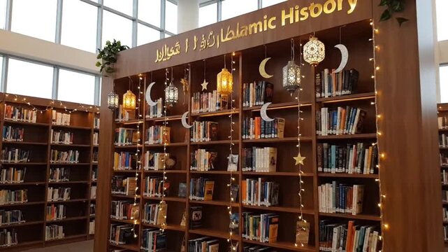 Interior of a library with bookshelves and Ramadan decorations