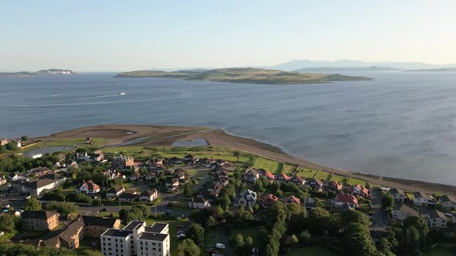 Aerial view of Great Cumbrae and Isle of Arran from Largs Scotland