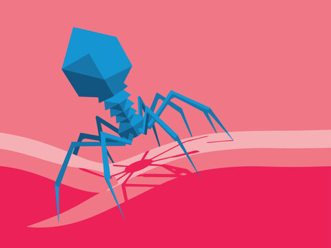 A stylized bacteriophage docks onto a bacteria cell, showcasing phage docking. Bold colors and geometric design create a modern, scientific illustration.