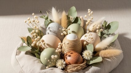 Beautiful natural Easter eggs in basket with dried flowers and eucalyptus. Elegant spring holiday decoration, organic rustic style, aesthetic composition for greeting card and marketing.