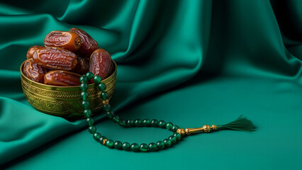 Dates in a gold bowl with green rosary on emerald green satin ramadan islamic arabic middle