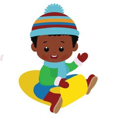 Cute little sledding boy vector cartoon illustration