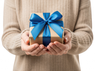 Hands holding a beautifully wrapped gift isolated on transparent background