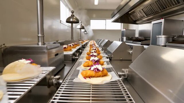 Cooking process with breaded food items being prepared on a conveyor belt in a kitchen setting, showcasing efficient food production