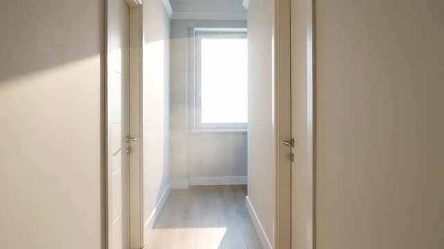 Bright and airy corridor with natural light illuminating wooden floor and minimalist design elements