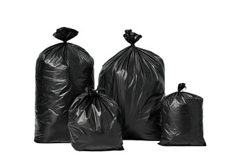 Four tied-off black trash bags of different sizes on a solid black background