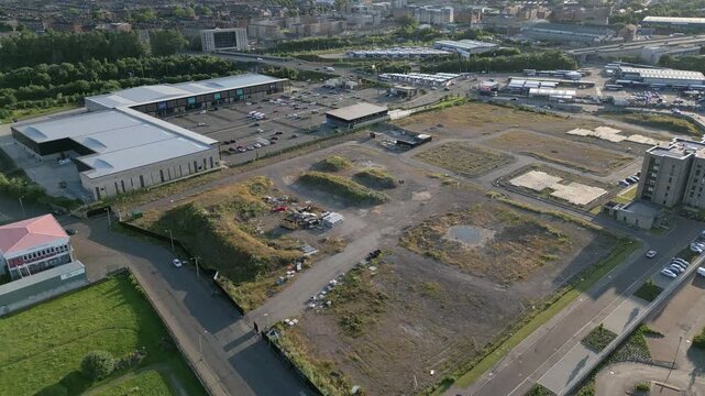 Aerial view of Crown Quadrant area in Glasgow with derelict land